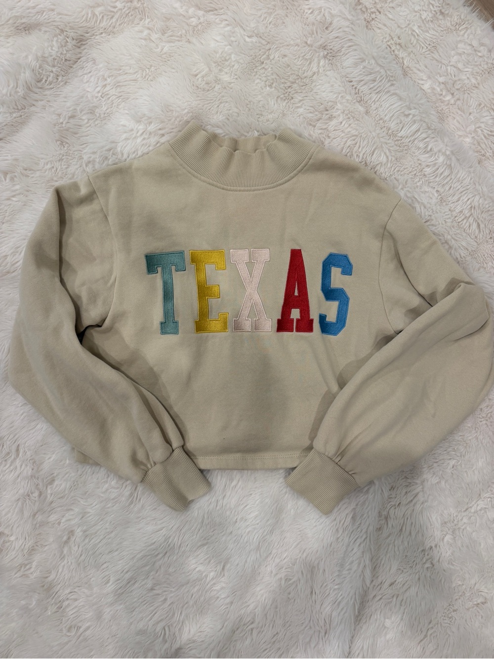 Beige 'TEXAS' Appliqué Cropped Sweatshirt